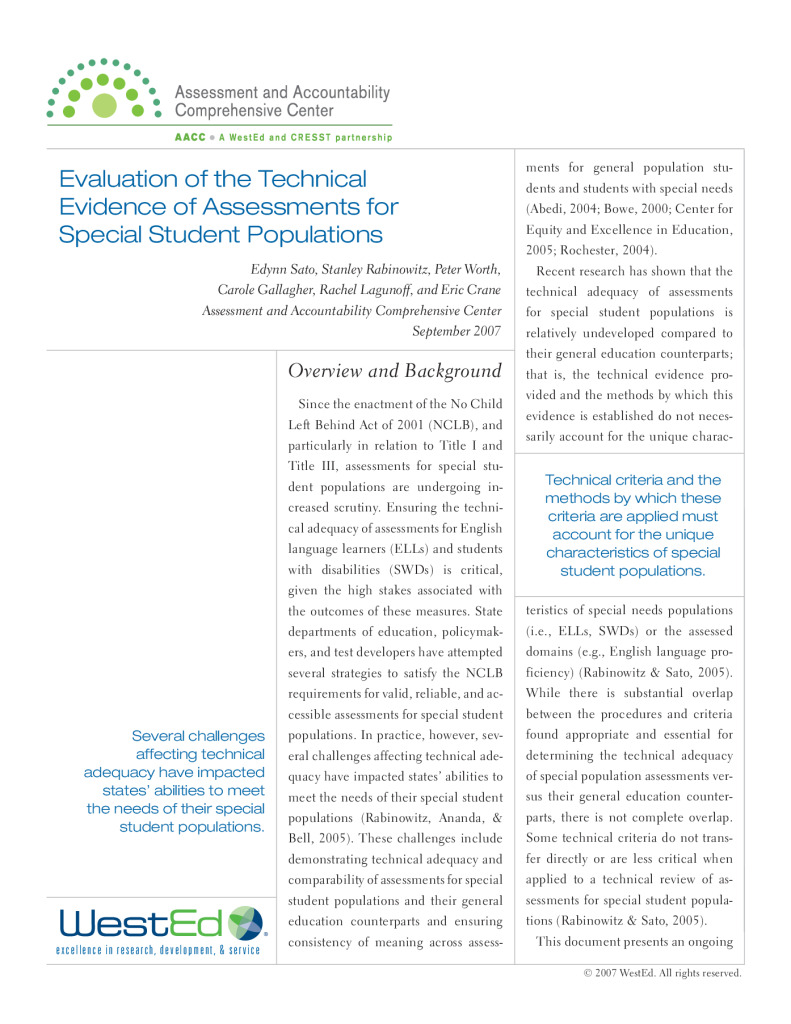 Evaluation of the Technical Evidence of Assessments for Special Student Populations