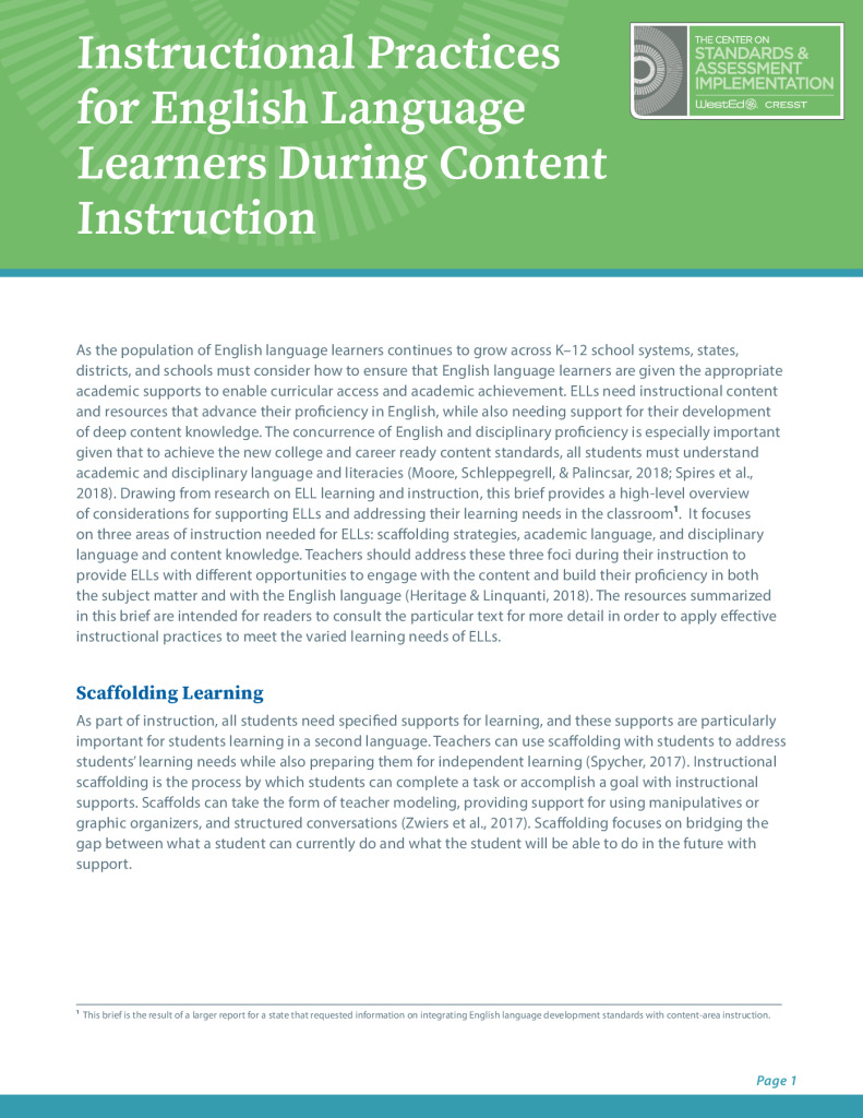 Instructional Practices for English Language Learners During Content Instruction