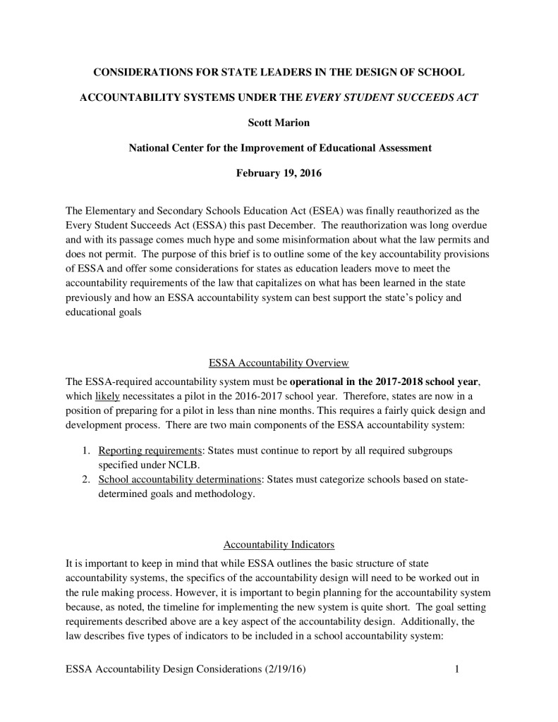 Considerations for State Leaders in the Design of School Accountability Systems under the Every Student Succeeds Act