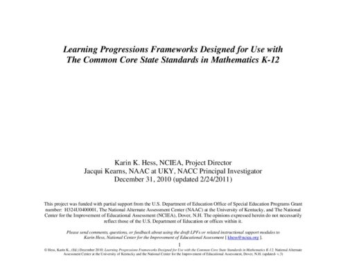 Learning Progressions Frameworks Designed for Use with the Common Core State Standards in Mathematics K-12