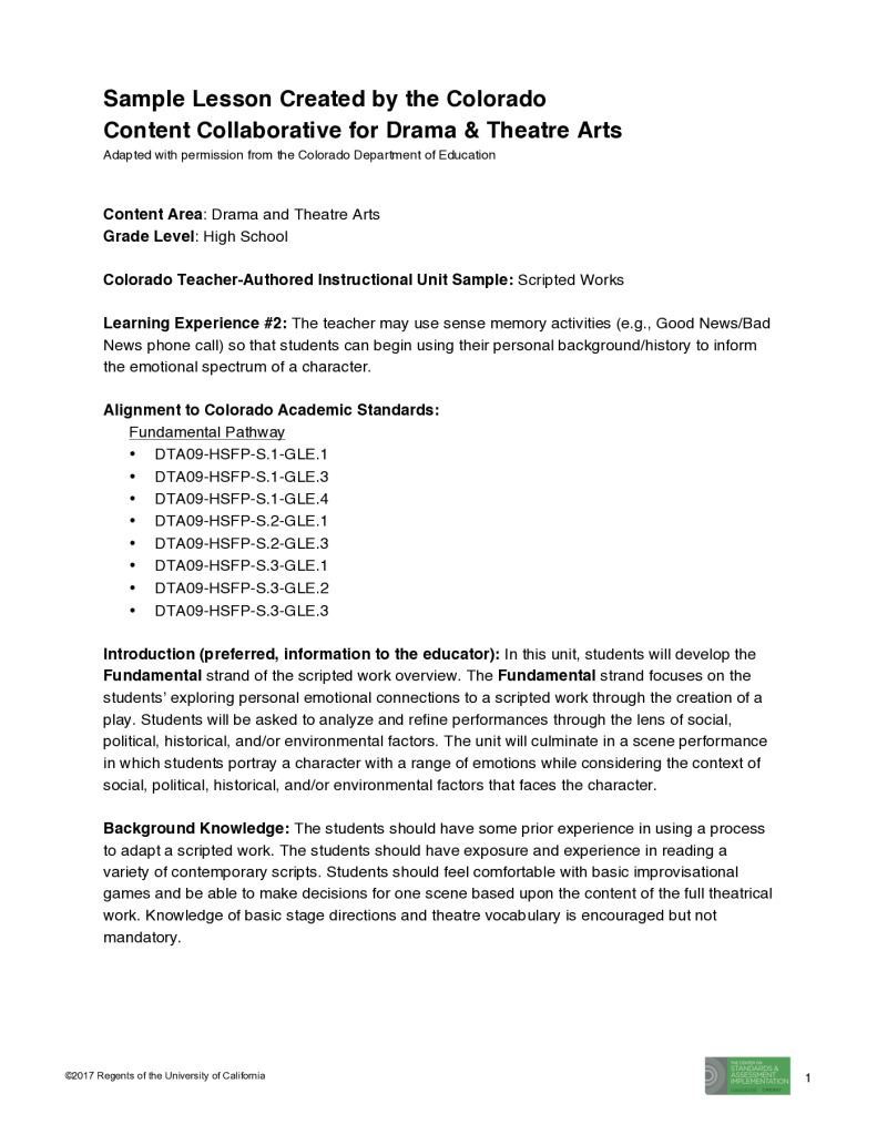 Sample Lesson Created by the Colorado Collaborative for Drama & Theatre Arts