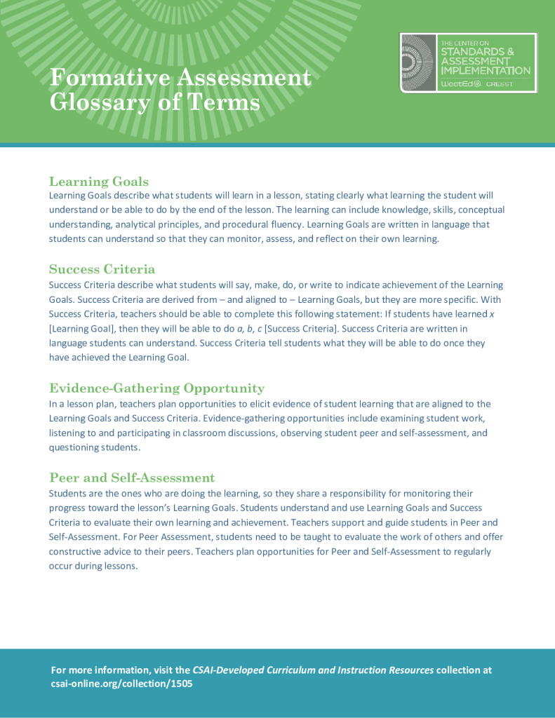 Formative Assessment Glossary of Terms