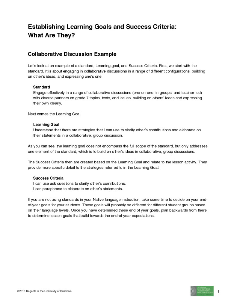 Establishing Learning Goals and Success Criteria: What Are They?