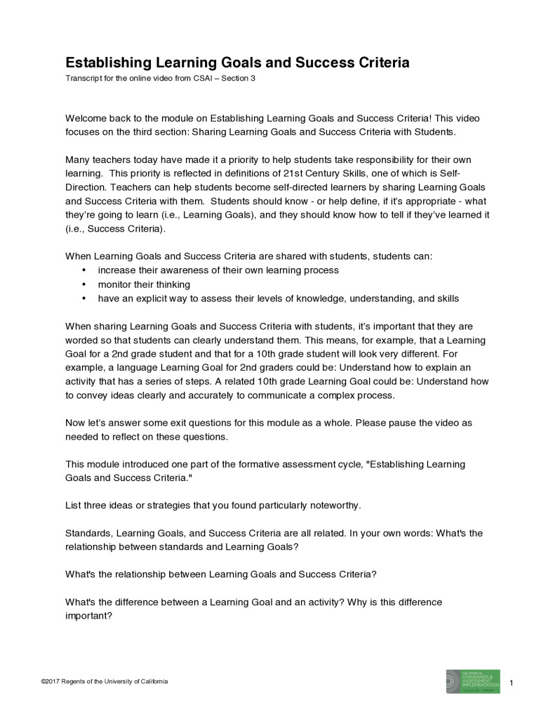 Transcript – Establishing Learning Goals and Success Criteria, Section 3