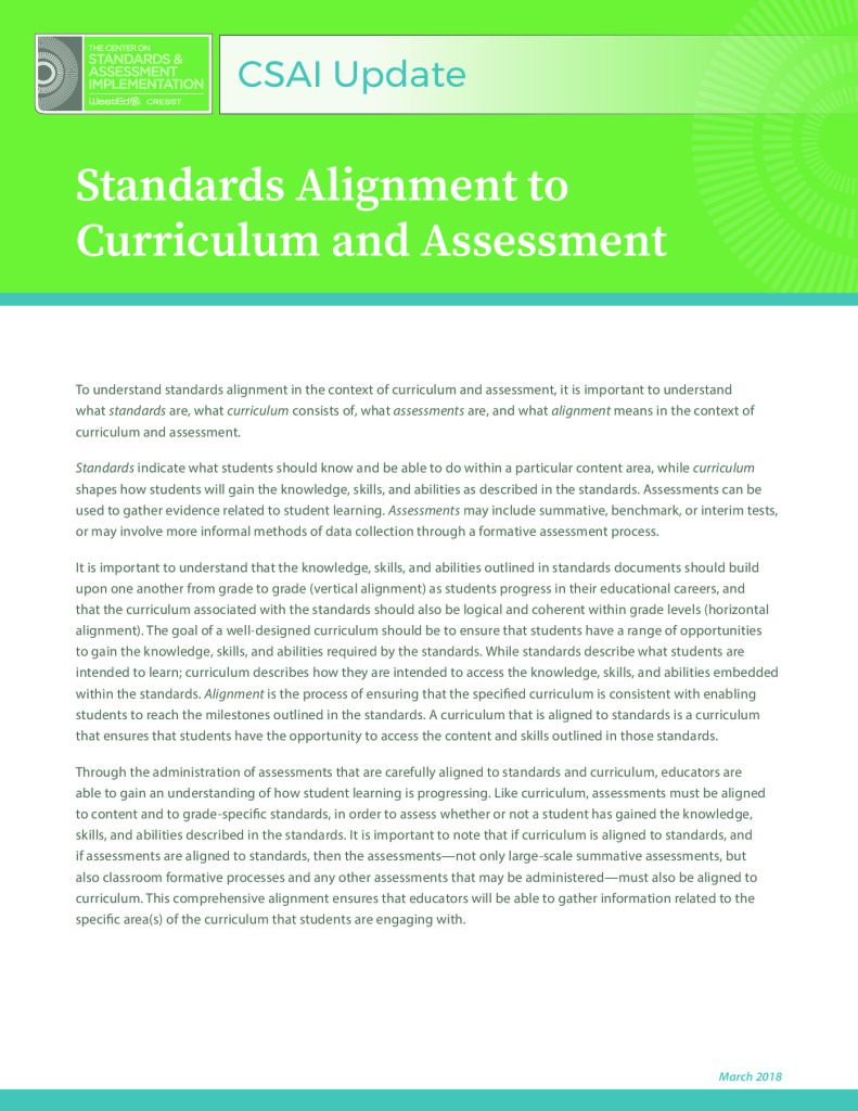 Standards Alignment to Curriculum and Assessment