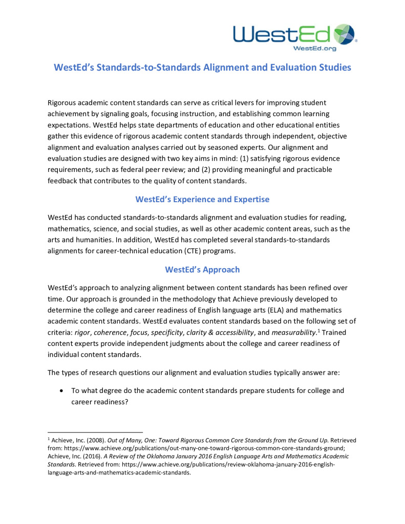 WestEd’s Standards‐to‐Standards Alignment and Evaluation Studies