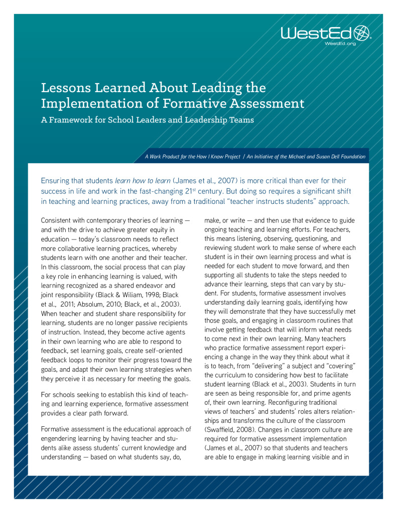 Lessons Learned About Leading the Implementation of Formative Assessment: A Framework for School Leaders and Leadership Teams