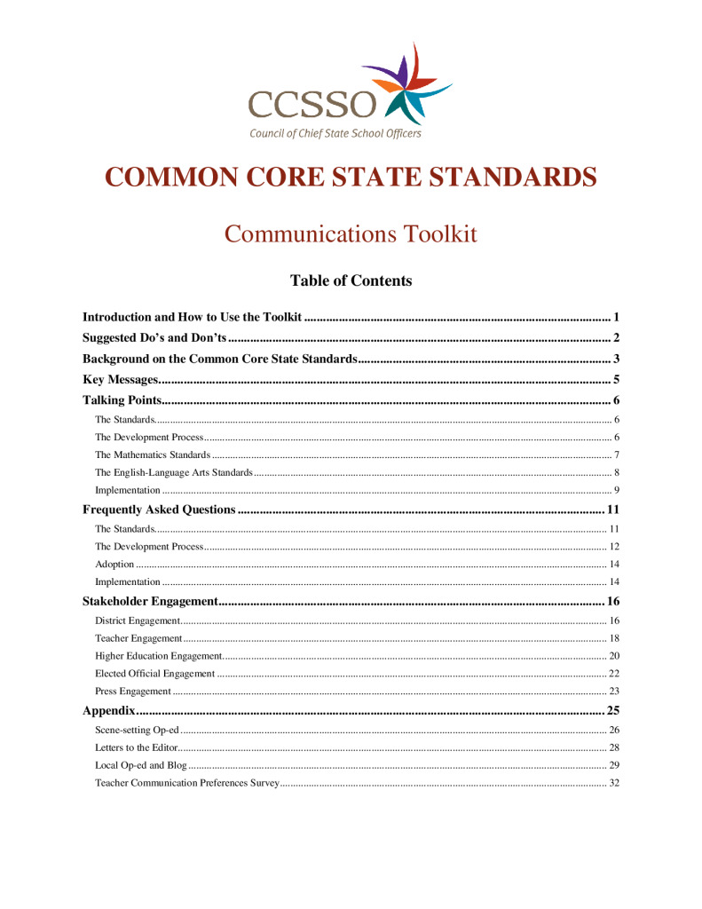 Council of Chief State School Officers Common Core State Standards: Communications Toolkit