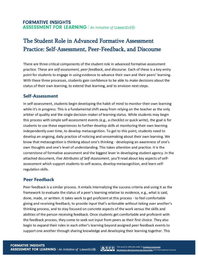 The Student Role in Advanced Formative Assessment Practice