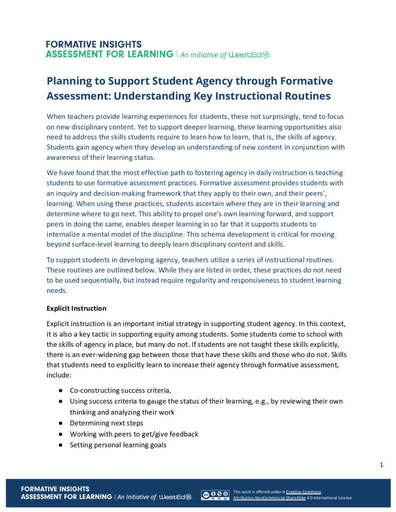 Planning to Support Student Agency through Formative Assessment: Understanding Key Instructional Routines